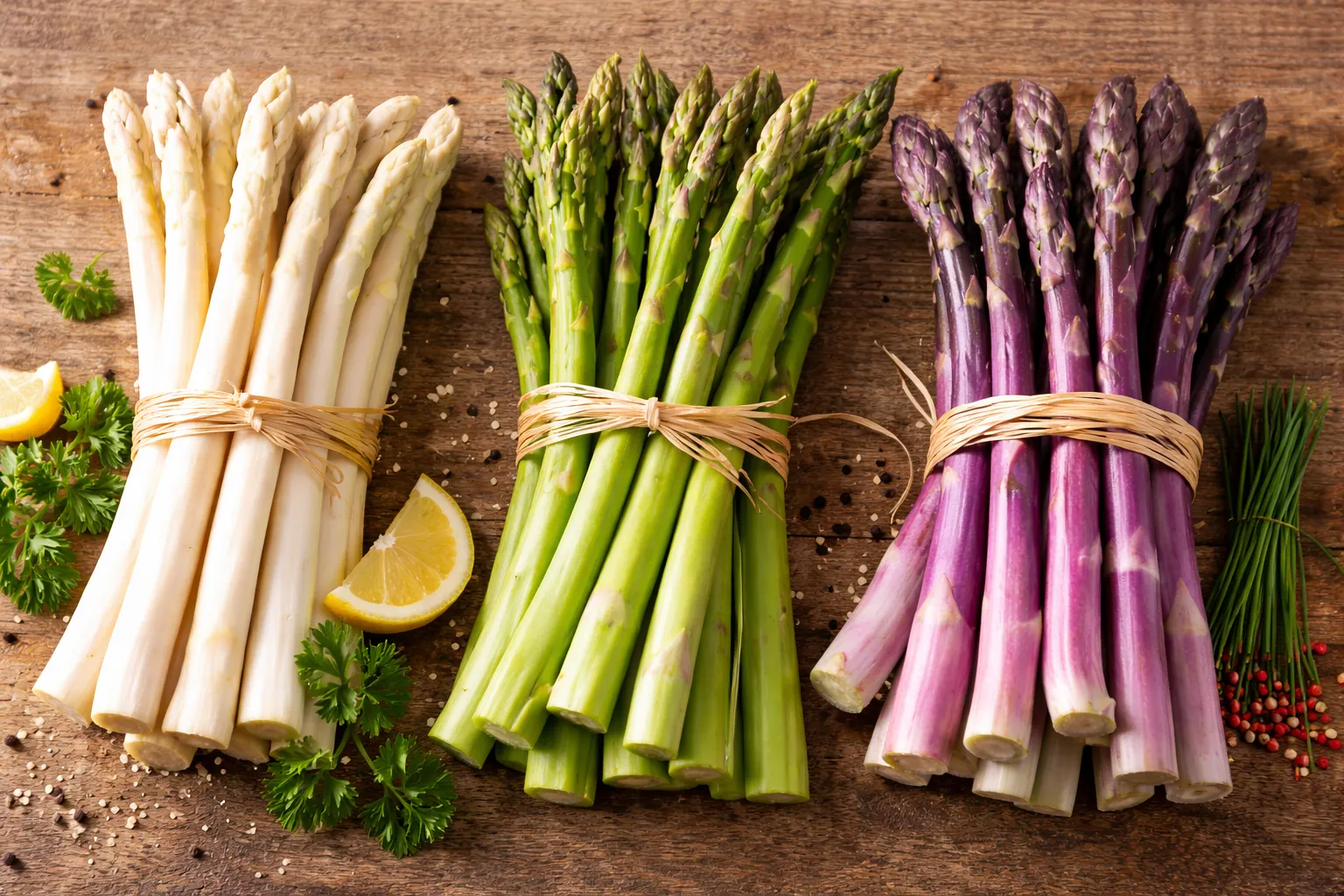 Asperges blanches, vertes et violettes côte à côte