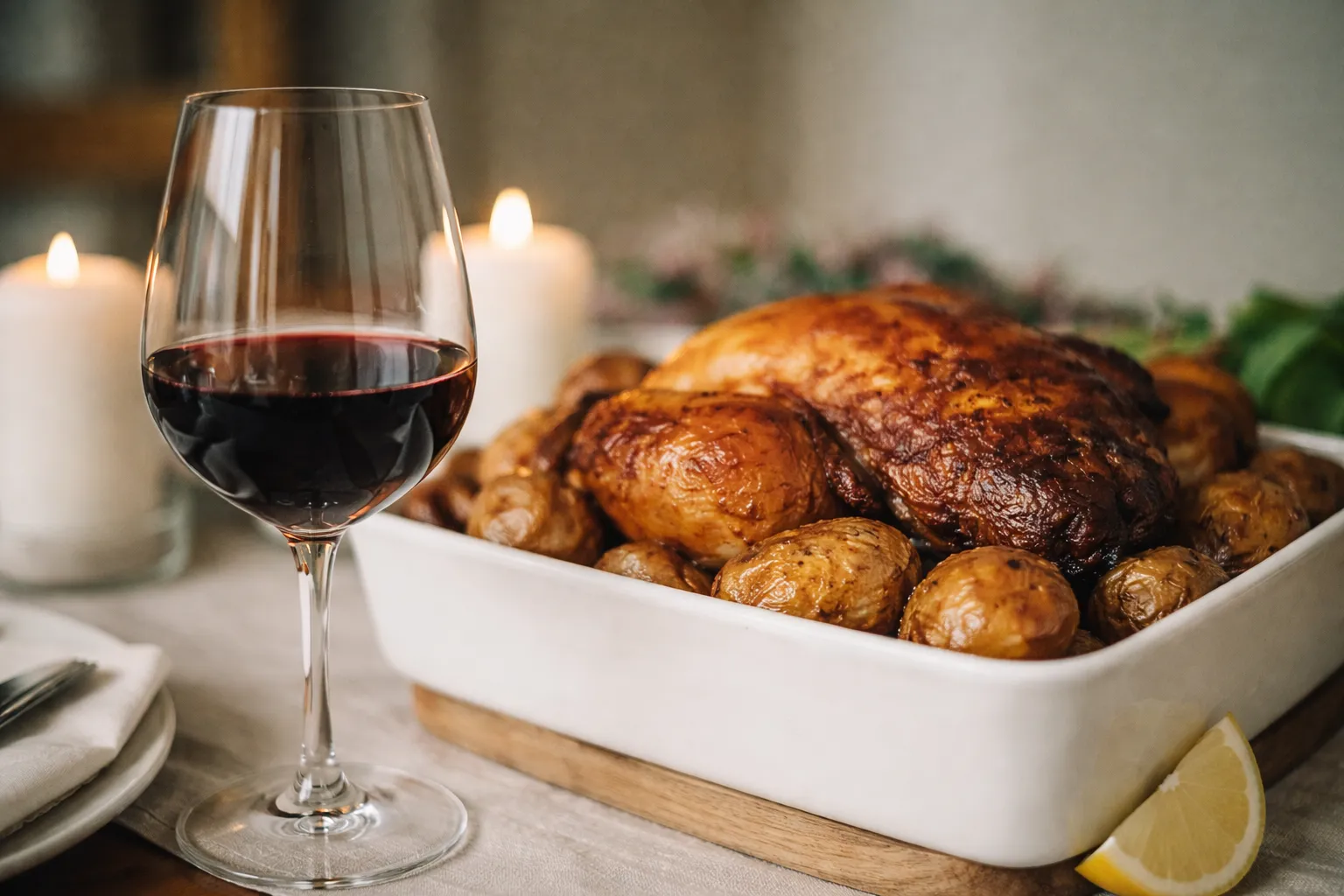 Verre de Bourgogne rouge à côté d'un chapon rôti
