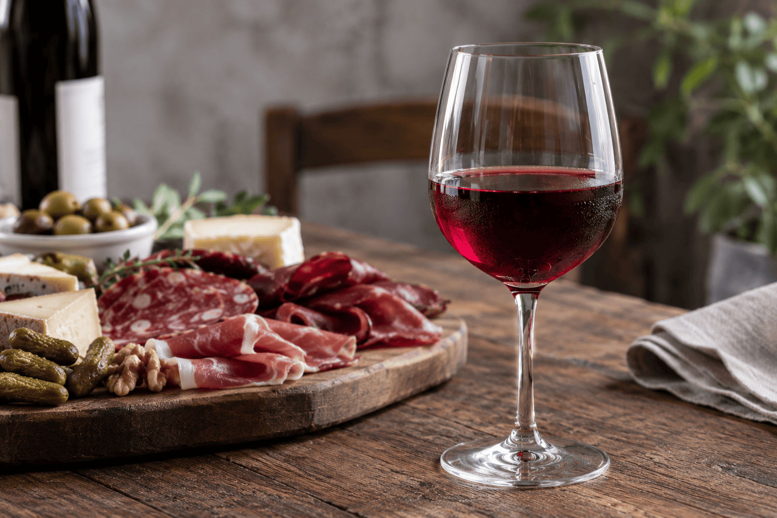 Verre de gamay servi frais sur une table en bois, avec un plateau de charcuterie