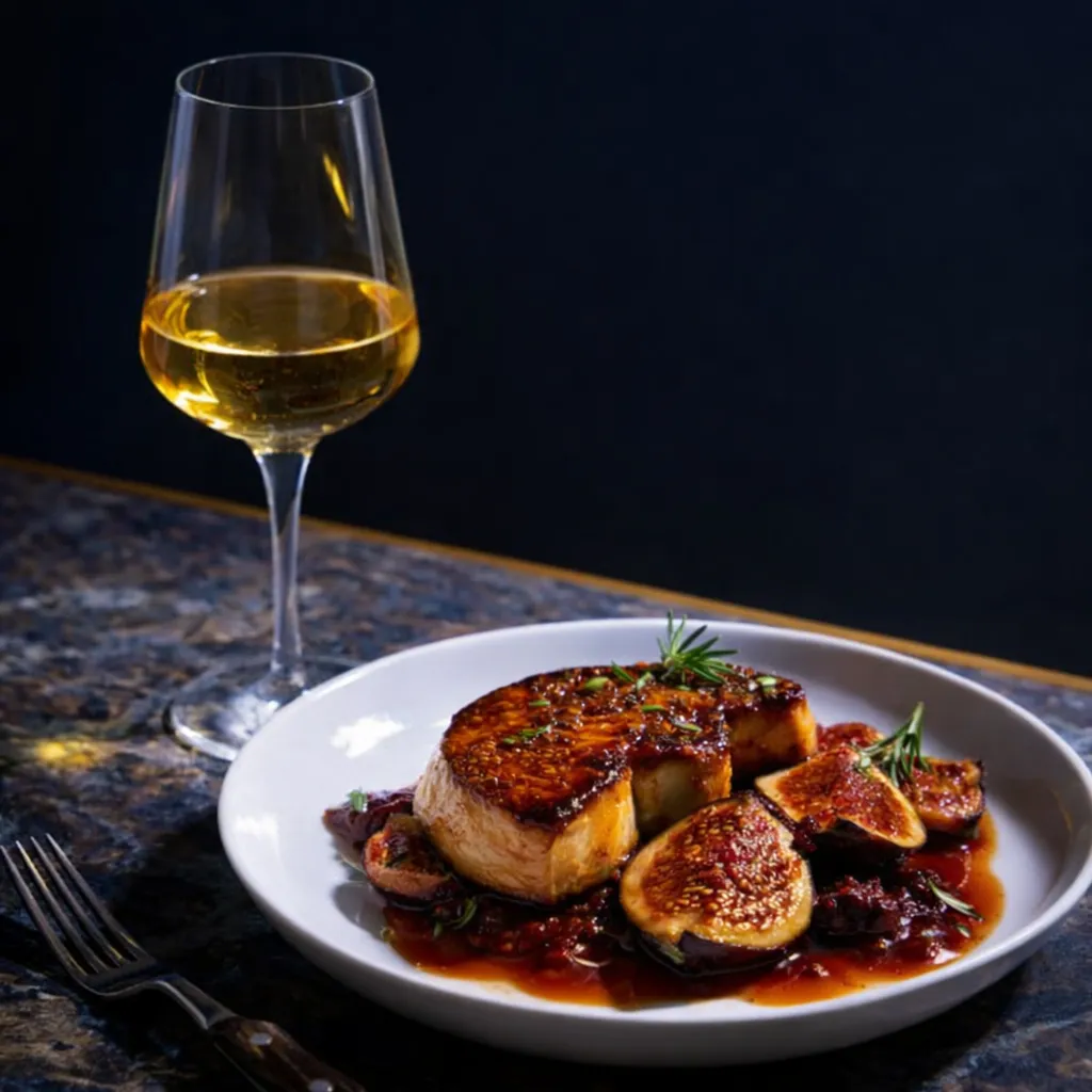 Verre de Gewurztraminer à côté d'un foie gras poêlé aux figues