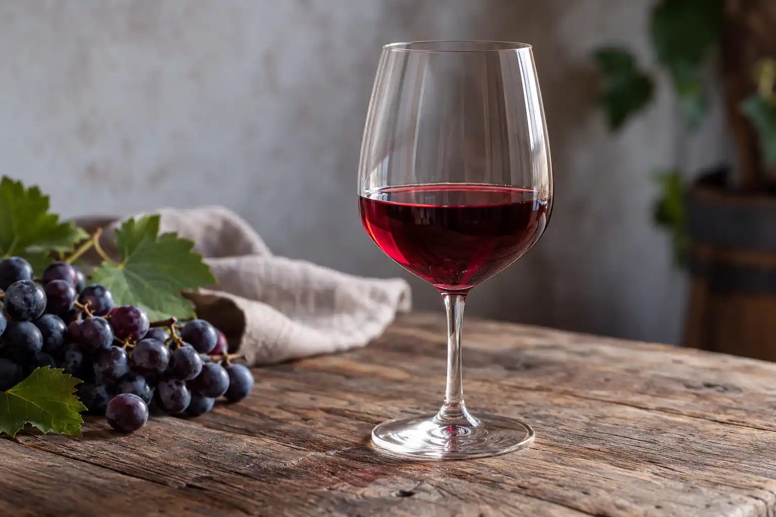 Verre de grenache noir à la robe grenat clair, posé sur une table en bois