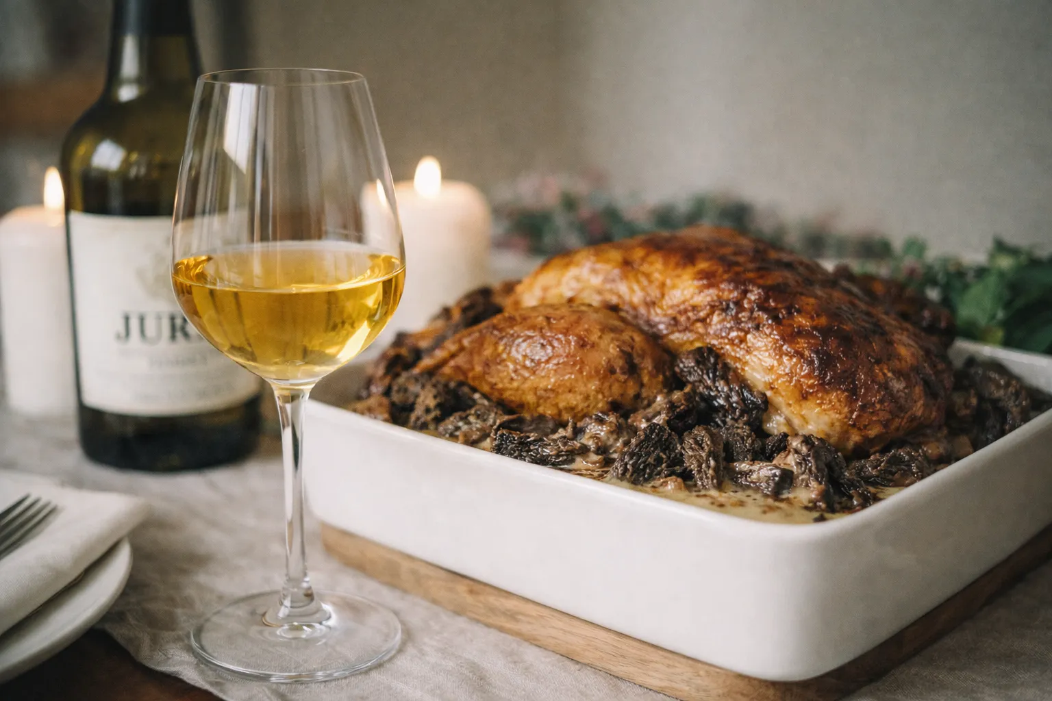 Verre de vin jaune du Jura avec un chapon aux morilles